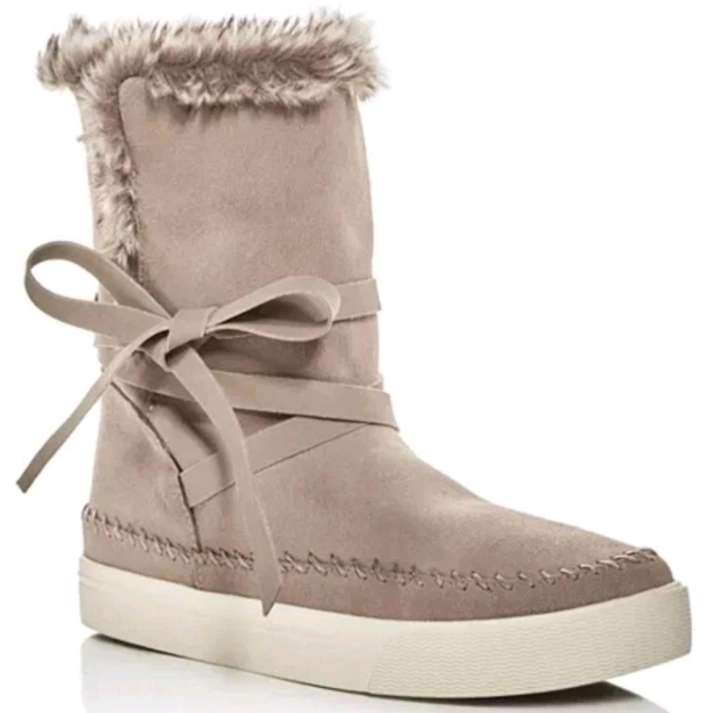 Toms Women's Vista Suede Faux Fur Booties Pull On Strappy Bow Taupe Boots 7.5